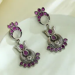Fabindia Silver-Plated Artificial Stones Studded Floral Drop Earrings-picture-15