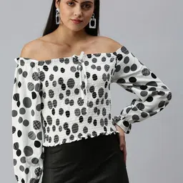 SHOWOFFFF Polka Dot Print Off-Shoulder Crepe Crop Top-picture-33