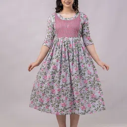 Pakiza Enterprises Women Floral Printed Gathered Maternity Cotton Fit & Flare Midi Dress-picture-18