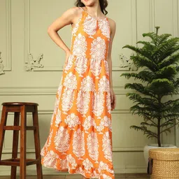 Oxolloxo Women Tropical Print Round Neck Shoulder Strap Long Flare Maxi Dress-picture-29