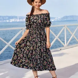 Kidotsav Girls Floral Print Off-Shoulder Fit & Flare Midi Dress-picture-0