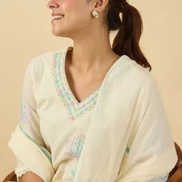 Indo Era Women Floral Embroidered Regular Thread Work Pure Cotton Kurta with Trousers & With Dupatta image 2