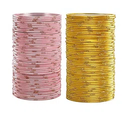 Guddan Set of 96 Peach And Golden Metal Bangles-picture-15