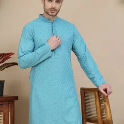 Anouk Men Embroidered Woven Design Mandarin Collar Knee Length Kurta image 2