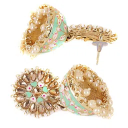 Shining Diva Gold-Plated Sea Green & White Dome Shaped Jhumkas image 4