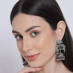 Sangria Silver-Plated Stone-Studded & Beaded Jhumka Earrings-picture-18