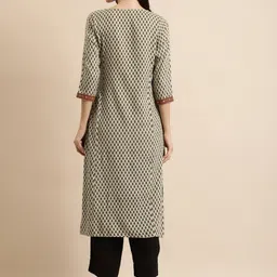 RANGMAYEE Women Cream-Coloured Ethnic Motifs Printed Thread Work Liva Kurta with a Mask image 3