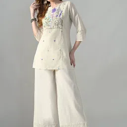 KALINI Embroidered Pure Cotton Round Neck Kurta With Trousers Co-Ords-picture-17