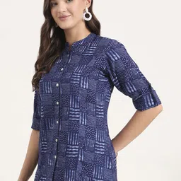 BAESD Women Abstract Print Mandarin Collar Roll-Up Sleeves Shirt Style Top image 3