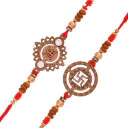 Aapno Rajasthan Set Of 2 Swastik Wooden Beaded Rakhis With Roli Chawal & Greeting Card image 3