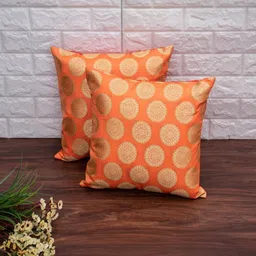 RoyalDeco Orange Colored 2 Pieces Ethnic Motifs Brocade Silk Square Cushion Covers-image-18