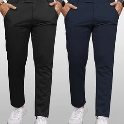 vebnor Pack of 2 Men Regular Fit Black, Blue Lycra Blend Trousers-picture-21