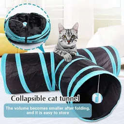 foodie puppies Interactive Light Weight Foldable 3 Way T Shape Tube Hiding Tunnel with Hanging Ball for Cat, Kitten, Rabbit, Guinea Pig & Puppies (Blue Black) Polyester, Steel Training Aid, Ball For Cat image 2