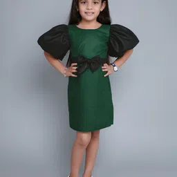 Pink Chick Colourblocked Puff Sleeve Cotton A-Line Dress With Matching Clip-picture-43