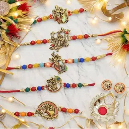 MEIRA JEWELLERY Set Of 5 Designer Religious Rakhis With Greeting Card & Roli Chawal image 2