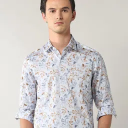 Arrow Floral Printed Spread Collar Long Sleeves Satin Pure Cotton Slim Fit Formal Shirt-picture-35