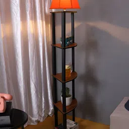 Devansh Orange & Brown Cotton Iron Floor Standing Lamp With Shelves image 3