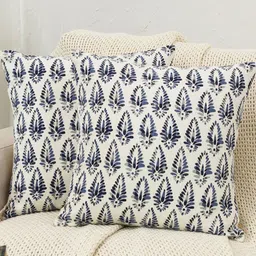 Kushadri White & Blue 2 Pieces Floral Pure Cotton Square Cushion Covers-picture-28
