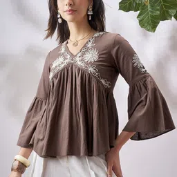 Vara By Vishudh Embroidered Bell Sleeve Bohemian Cotton Peplum Top-picture-26