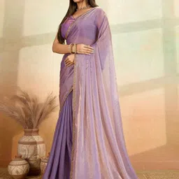 VRAGI Embellished Beads and Stones Border Pure Chiffon Saree with Blouse Piece image 2