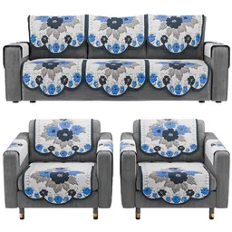 Kuber Industries White & Blue Printed Cotton Sofa Cover With Arms image 2