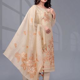 GRIOPY Floral Embroidered Scoop Neck Linen Straight Kurta With Trousers & Dupatta-picture-14