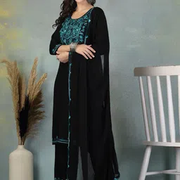 Clora Creation Floral Embroidered Thread Work Kurta With Trousers & Dupatta image 5