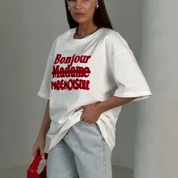 LULU & SKY Women Typography Printed Pure Cotton T-shirt image 5