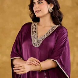 Chandbaali Women Solid Satin Kaftan Kurta with Trousers image 2