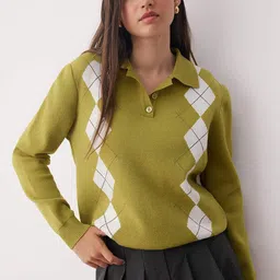 Trendyol Women Argyle Shirt Collar Pullover-image-55