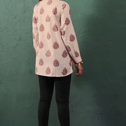 Anouk Off-White Floral Printed Mandarin Collar Linen Straight Kurti image 4