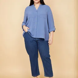 max Women Plus Size Mandarin Collar Roll-Up Sleeves Top-image-86