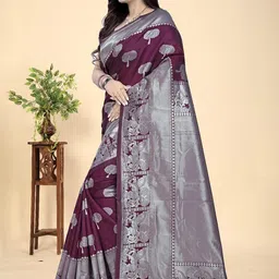 MORDEN MUSE Floral Woven Design Zari Kanjeevaram Saree With Unstitched Blouse image 4