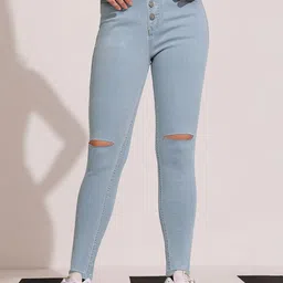 DOLCE CRUDO Women Skinny Fit High-Rise Slash Knee Heavy Fade Stretchable Jeans-picture-36