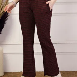UZARUS Women Self Design Striped Mid-Rise Relaxed-Fit Bootcut Trouser image 3