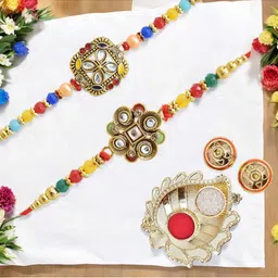 MEIRA JEWELLERY Set Of 2 Stone-Studded & Beaded Rakhi With Greeting Card Gift Set-picture-26