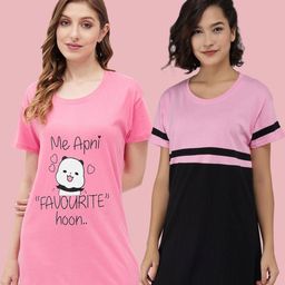 Christy World Women Pack Of 2 Colourblocked Round Neck Longline Cotton T-shirt-picture-42