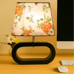 Devansh White & Orange Floral Printed Wooden Frusturical Shaped Table Lamp image 3