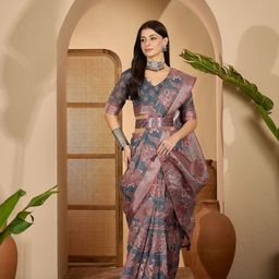 Sangria Floral Digital Printed Zari Saree With Belt-picture-35