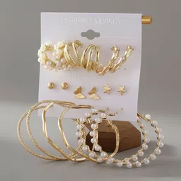 DressBerry Set Of 9 Gold-Plated Circular Shaped Hoop Earrings-image-58