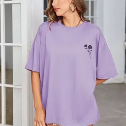 Women Printed Round Neck Pure Cotton Purple T-Shirt-image-45