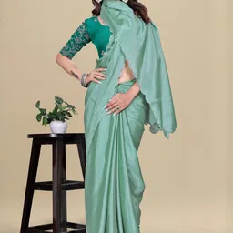 Zenophily Solid Scallop Border Pure Chiffon Saree with Embroidered Blouse Piece-picture-10