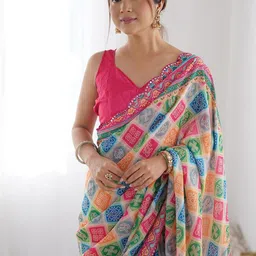 ODETTE Ethnic Motifs Mirror Work Poly Georgette Saree image 4