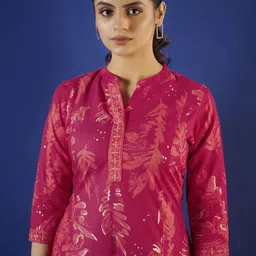 Anouk Floral Printed Mandarin Collar Pure Cotton Straight Kurta With Palazzo And Dupatta image 2