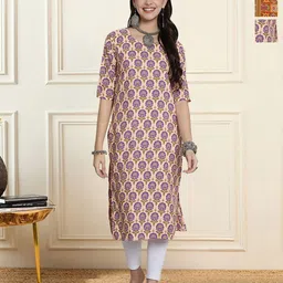 HERE&NOW Selection Of 3 Floral Printed Round Neck Straight Kurtas-picture-31
