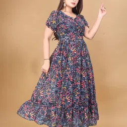 QENA Women Abstract Printed Puff Sleeve V-Neck Tiered Fit & Flare Maxi Dress image 3