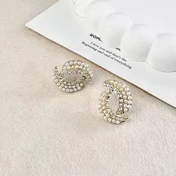 Krelin Gold Plated Crystals Studded & Pearls Beaded Oval Studs image 2