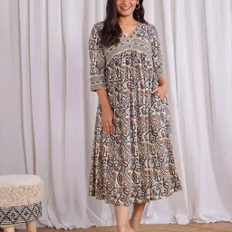 Sivaka India Women Paisley Printed Cotton A-Line Midi Dress-image-59