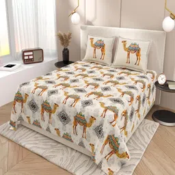 INDRA'S Cream-Coloured & Green 160 TC Bedsheet with 2 Pillow Covers image 4