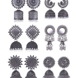 Sangria Set Of 6 Silver Plated Oxidized Jhumka Earrings-image-94